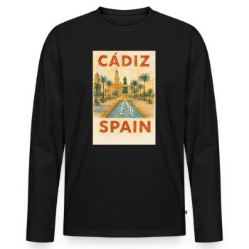 Cadix, Espagne – Plaza des affiches de voyage aquarelle - T-shirt manches longues Premium bio Homme - noir - Devant - Nico (187cm)