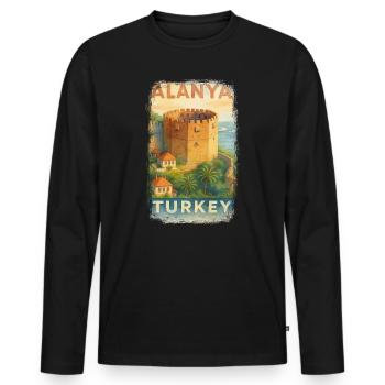 Alanya Türkei – Aquarell Reiseposter Red Tower - Männer Premium Bio Langarmshirt - Schwarz - Vorne - Nico (187cm)