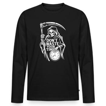 Sensenmann Uhr – Nutze Deine Zeit - Männer Premium Bio Langarmshirt - Schwarz - Vorne - Nico (187cm)