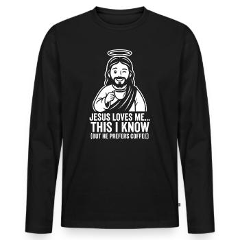 Jesus Loves Me He Prefers Coffee - Men's Premium Organic Long Sleeve Shirt - black - Front - Nico (187cm)