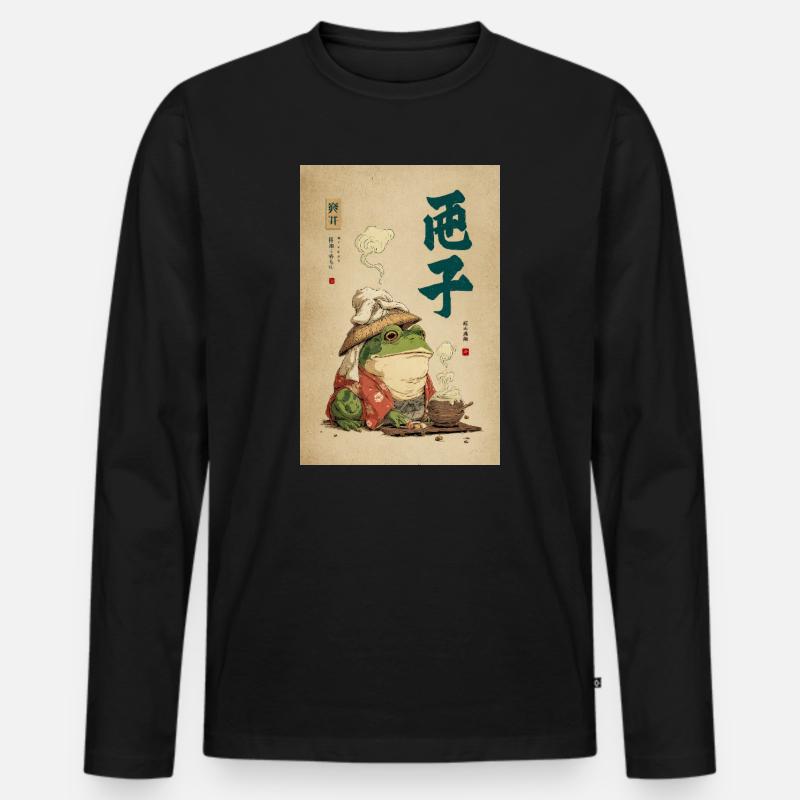 Frosch-Samurai im Seidenmantel mit Tee - Männer Premium Bio Langarmshirt - Schwarz