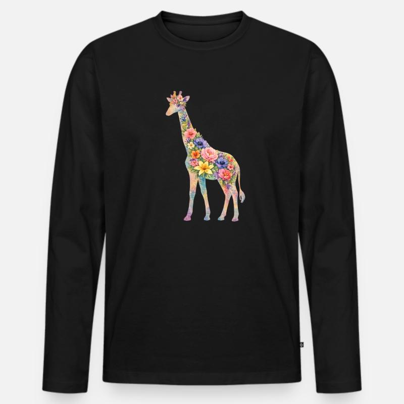 Giraffe Silhouette Blumen - Männer Premium Bio Langarmshirt - Schwarz
