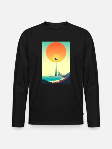 Sunset Tower Over Coastal City - Men's Premium Organic Long Sleeve Shirt - black