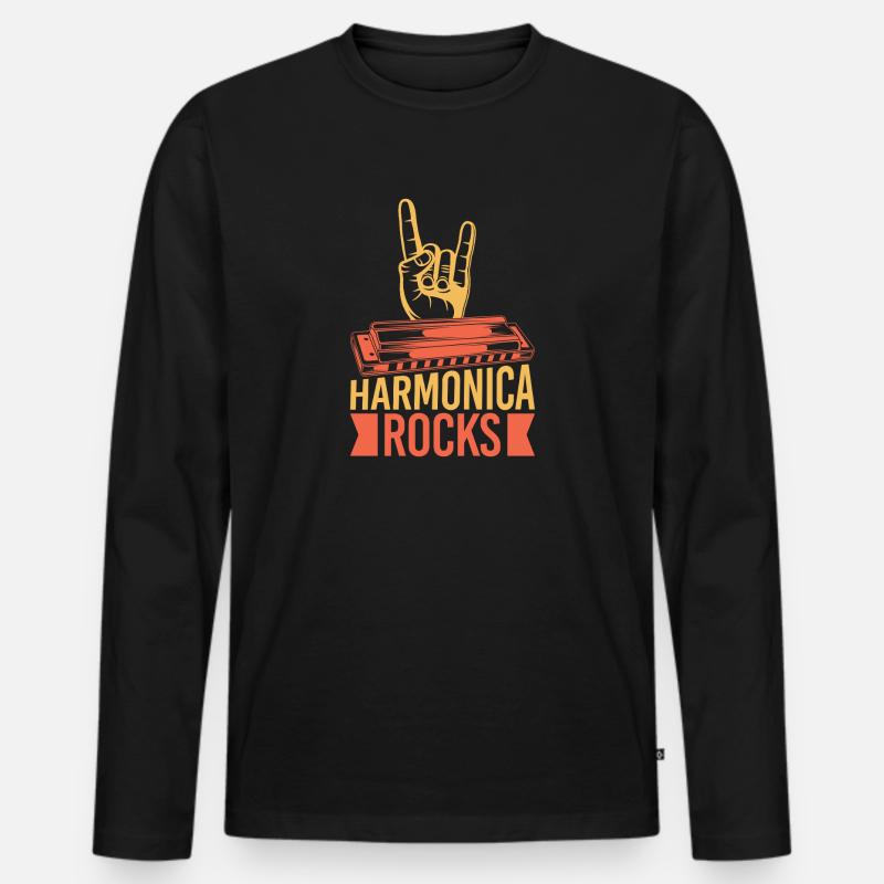 Funny Harmonica Player Rocks Harmonica - Männer Premium Bio Langarmshirt - Schwarz