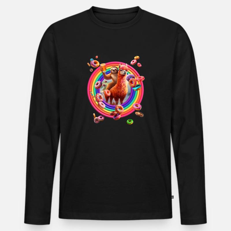 Alpaka Faultier Regenbogen Donuts - Männer Premium Bio Langarmshirt - Schwarz