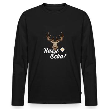Basst Scho | Trachten Hirsch - Männer Premium Bio Langarmshirt - Schwarz - Vorne - Nico (187cm)