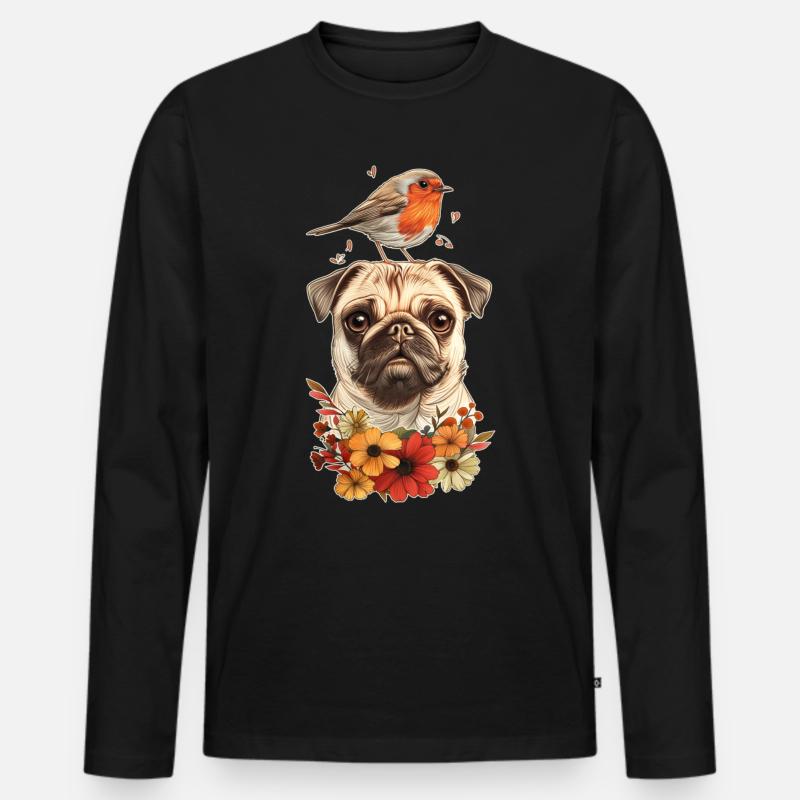 Mops mit Vogel - Männer Premium Bio Langarmshirt - Schwarz