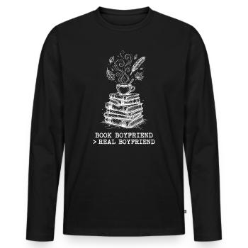 "Buchfreund > Echter Freund" ! - Männer Premium Bio Langarmshirt - Schwarz - Vorne - Nico (187cm)