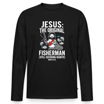 Jesus Der Original Fischer – Herzen Fangen - Männer Premium Bio Langarmshirt - Schwarz - Vorne - Nico (187cm)