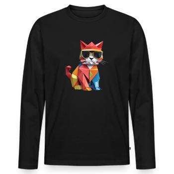 Chat cool en origami - T-shirt manches longues Premium bio Homme - noir - Devant - Nico (187cm)