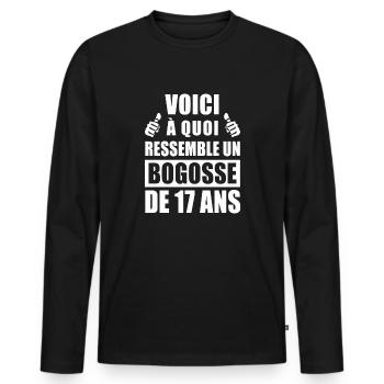 bogosse de 17 ans / humour anniversaire 17 ans - T-shirt manches longues Premium bio Homme - noir - Devant - Nico (187cm)