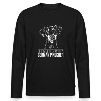 GERMAN PINSCHER Life better Hundespruch Wilsigns - Männer Premium Bio Langarmshirt - Schwarz - Vorne - Nico (187cm)