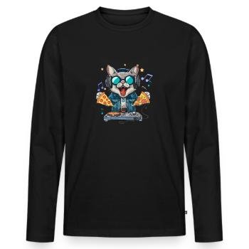 Outer Space Cat Pizza Disc Jockey - Interstellar - Men's Premium Organic Long Sleeve Shirt - black - Front - Nico (187cm)