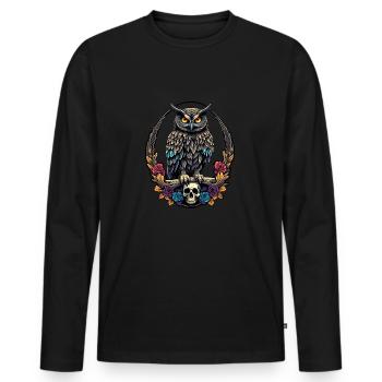 Hibou décoratif avec crâne et pétales de rose - T-shirt manches longues Premium bio Homme - noir - Devant - Nico (187cm)