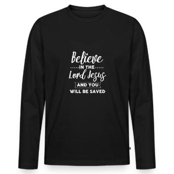 Mit Jesus gerettet - Männer Premium Bio Langarmshirt - Schwarz - Vorne - Nico (187cm)
