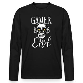 Gamer zocken Totenkopf Kopfhörer till the end - Männer Premium Bio Langarmshirt - Schwarz - Vorne - Nico (187cm)