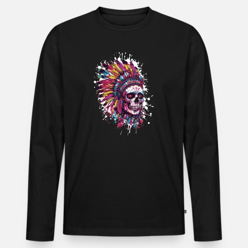 Indianer Totenkopf - Männer Premium Bio Langarmshirt - Schwarz