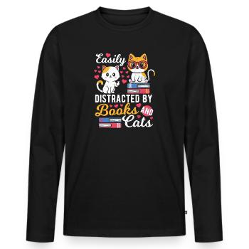 Facilement distrait par les livres et les chats - Katzen - T-shirt manches longues Premium bio Homme - noir - Devant - Nico (187cm)