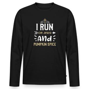 I Run On Jesus And Pumpkin Spice - Männer Premium Bio Langarmshirt - Schwarz - Vorne - Nico (187cm)