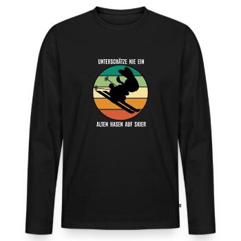 Ski Hase, Alter Hase, Retro, Winter Sport, Lustig - Männer Premium Bio Langarmshirt - Schwarz - Vorne - Nico (187cm)