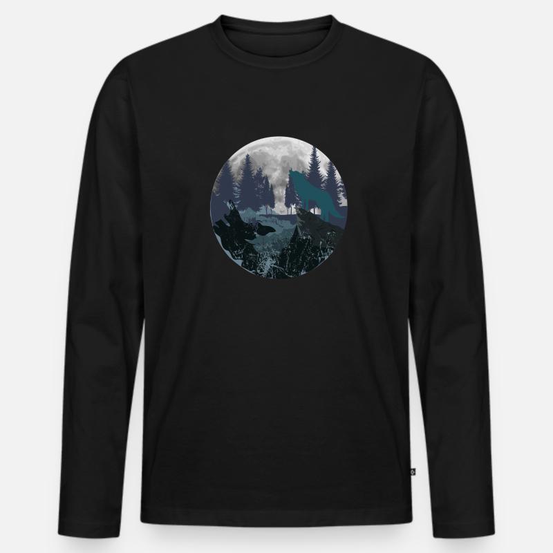 Berg Wolf Mond - Männer Premium Bio Langarmshirt - Schwarz