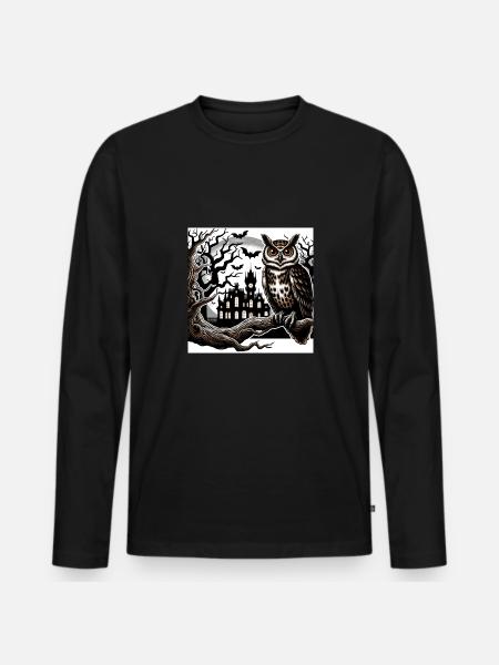 Owl Halloween and Haunted Castle - Men's Premium Organic Long Sleeve Shirt - black