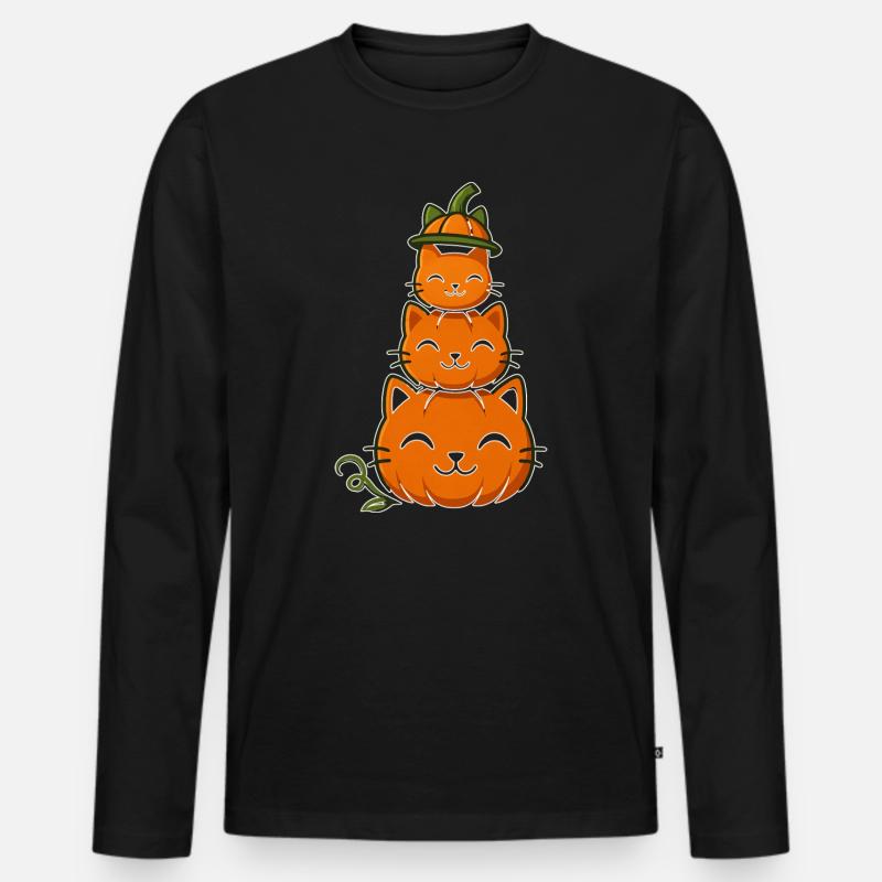Fröhliche Kürbiskatzen-Stack - Männer Premium Bio Langarmshirt - Schwarz