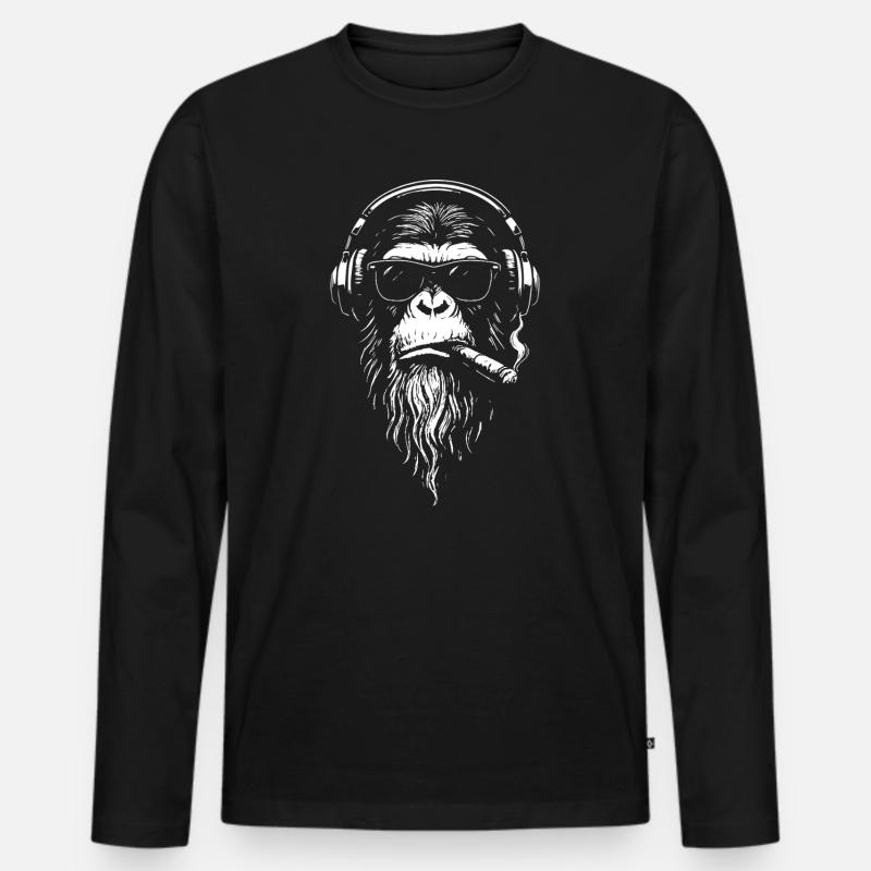 Chill DJ Monkey mit Kopfhörern - Männer Premium Bio Langarmshirt - Schwarz