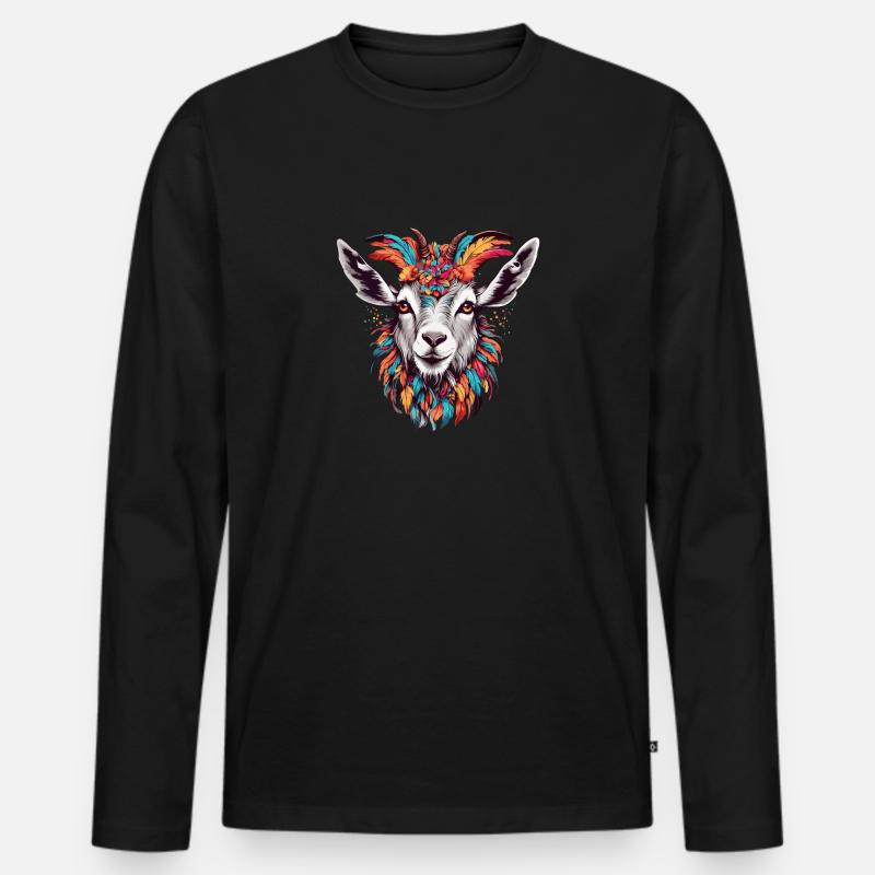 Ziege mit buntem Federschmuck - Männer Premium Bio Langarmshirt - Schwarz