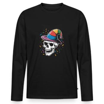 Lustiger Skull mit Narrenkappe und Konfetti - Männer Premium Bio Langarmshirt - Schwarz - Vorne - Nico (187cm)