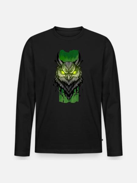 Enchanting Nocturne: Owl's Emerald Gaze - Men's Premium Organic Long Sleeve Shirt - black