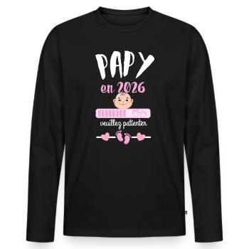 Papy en 2026 Fille Veuillez Patienter - T-shirt manches longues Premium bio Homme - noir - Devant - Nico (187cm)