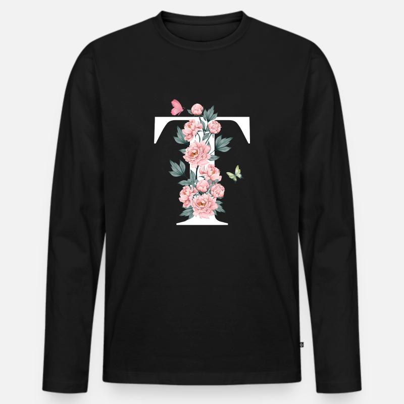 Buchstabe t Rosa Blumen - Männer Premium Bio Langarmshirt - Schwarz