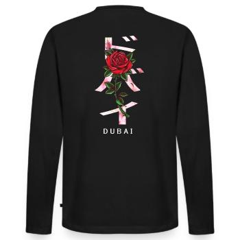Dubai in Japanese with roses and cherry blossoms - Men's Premium Organic Long Sleeve Shirt - black - Back - Nico (187cm)