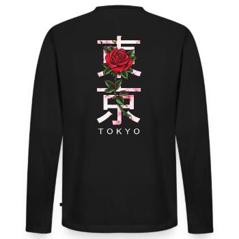 Tokyo in Japanese with roses and cherry blossoms - Men's Premium Organic Long Sleeve Shirt - black - Back - Nico (187cm)