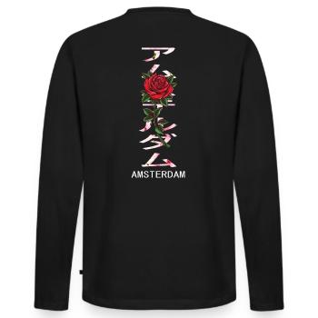 Amsterdam in Japanisch mit Rosen und Kirschblüten - Männer Premium Bio Langarmshirt - Schwarz - Hinten - Nico (187cm)