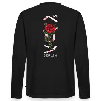 Berlin in Japanese with roses and cherry blossoms - Men's Premium Organic Long Sleeve Shirt - black - Back - Nico (187cm)