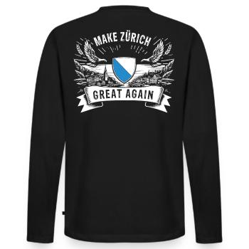 MAKE ZURICH GREAT AGAIN - Männer Premium Bio Langarmshirt - Schwarz - Hinten - Nico (187cm)
