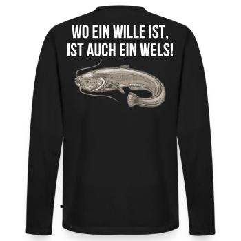 Catfish Saying Angel Print - Men's Premium Organic Long Sleeve Shirt - black - Back - Nico (187cm)