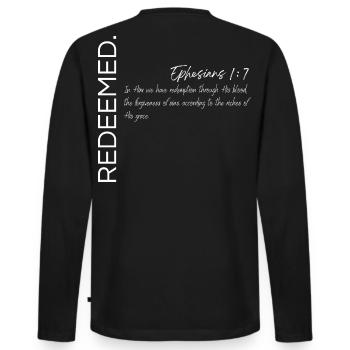 Redeemed - Ephesians 1:7 Christian Design - Men's Premium Organic Long Sleeve Shirt - black - Back - Nico (187cm)