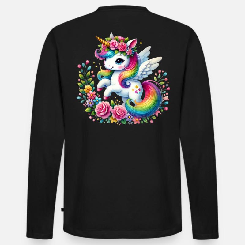 Regenbogen Fleur Einhorn - Männer Premium Bio Langarmshirt - Schwarz