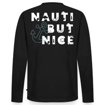 Nauti mais gentil – Cadeau de jeux de mots à la voile - T-shirt manches longues Premium bio Homme - noir - Dos - Nico (187cm)
