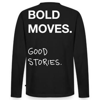 Bold Moves. Good Stories. - Männer Premium Bio Langarmshirt - Schwarz - Hinten - Nico (187cm)