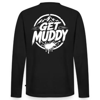 Get Muddy - White Logo  - Männer Premium Bio Langarmshirt - Schwarz - Hinten - Nico (187cm)