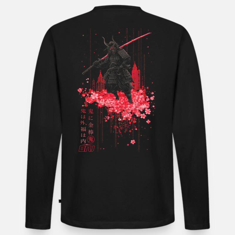 Oni - samurai mit Sakura Kirschblüten - Männer Premium Bio Langarmshirt - Schwarz