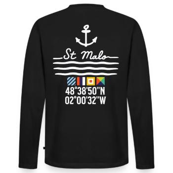 Ancre et coordonnées de St Malo - T-shirt manches longues Premium bio Homme - noir - Dos - Nico (187cm)