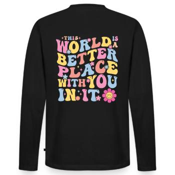 Colorful Affirmation Design Better World - Men's Premium Organic Long Sleeve Shirt - black - Back - Nico (187cm)