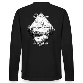 Spruch für die Person Hinter Dir Glück Berg Grafik - Männer Premium Bio Langarmshirt - Schwarz - Hinten - Nico (187cm)