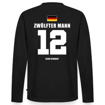 Deutschland Fussball 12 Zwölfter Mann Fußball - Männer Premium Bio Langarmshirt - Schwarz - Hinten - Nico (187cm)
