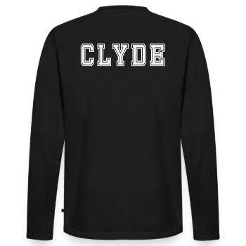 Valentinstag Partnershirt Clyde Schriftzug - Männer Premium Bio Langarmshirt - Schwarz - Hinten - Nico (187cm)